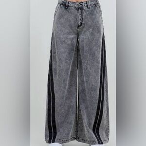 Women's American Bazi Grey Acid Wash Wide Leg Jeans Black Side Stripes